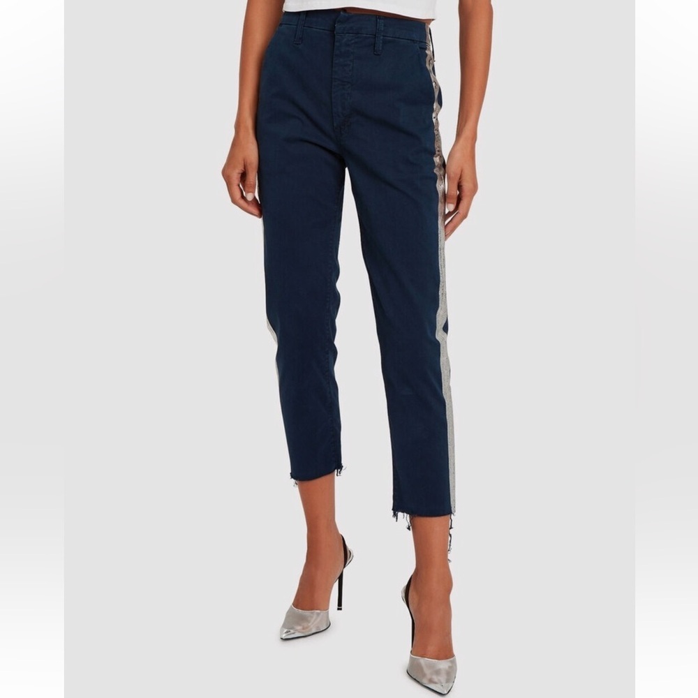 Mother The Shaker Prep Fray Cropped Raw Hem Pants Navy Silver Size 31 NWT
